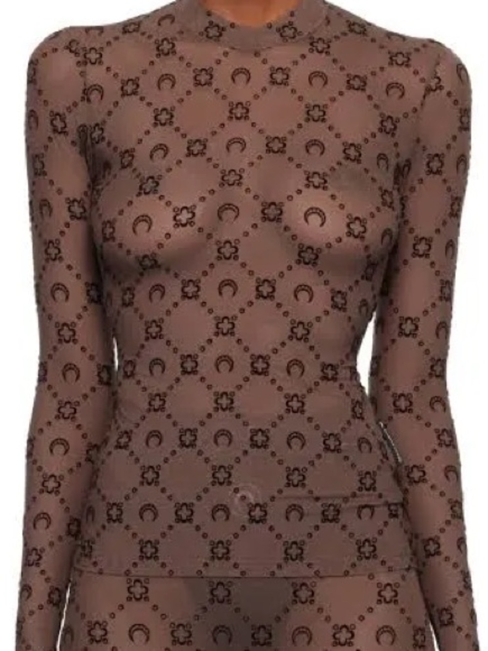 Women’s Brown Sheer Patterned Long-Sleeve Top